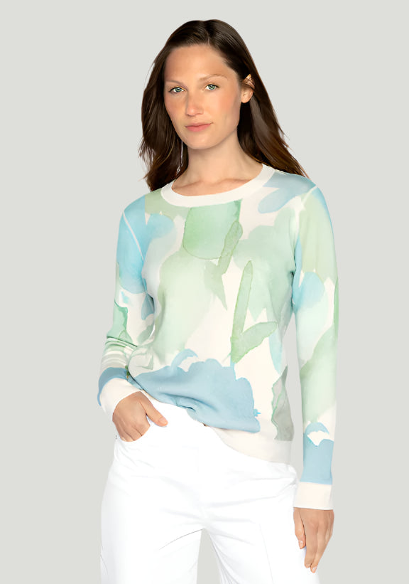 Kinross Reversible Print Crew Sweater - Ecru Multi available at Barbara Katz