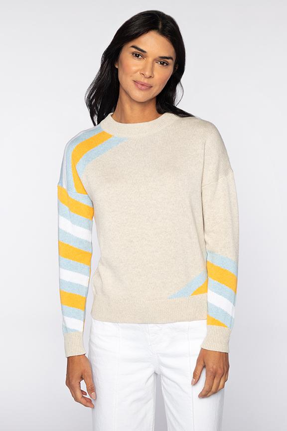 Kinross Intarsia Stripe Crew Pullover in Champagne Multi available at Barbara Katz