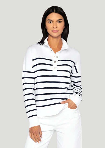 Kinross Stripe Button Mock Sweater in White/Navy available at Barbara Katz