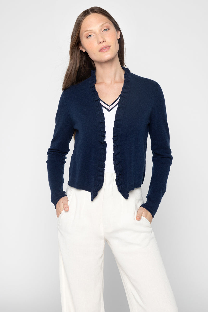 Kinross Cashmere Ruffle Trim Cardigan in Navy available at Barbara Katz