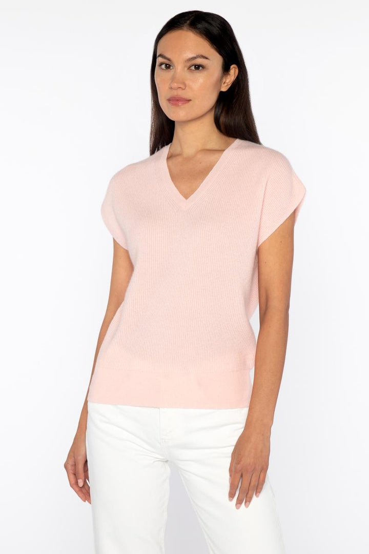 Kinross Cashmere Rib Cap Sleeve Easy Vee Top in Blush available at Barbara Katz