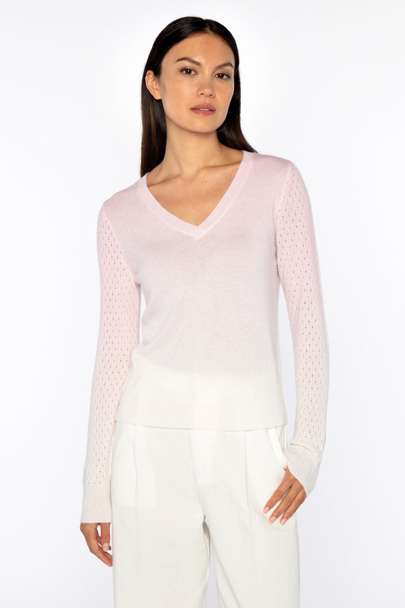 Kinross Cashmere Ombre Pointelle Vee Sweater in Blush available at Barbara Katz