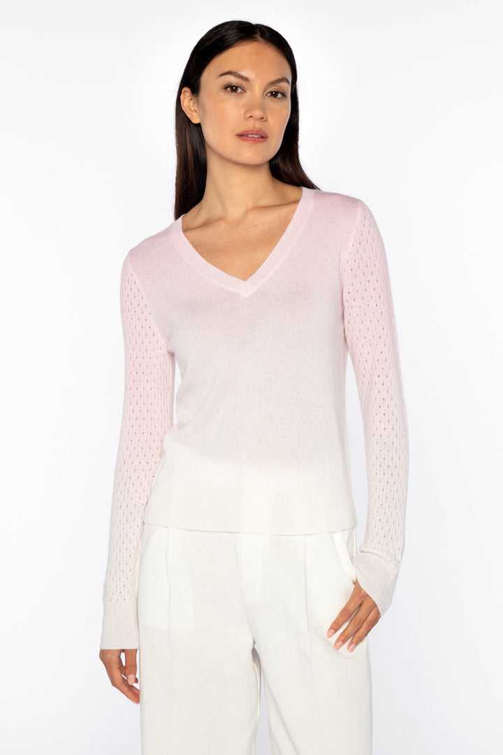 Kinross Cashmere Ombre Pointelle Vee Sweater in Blush available at Barbara Katz