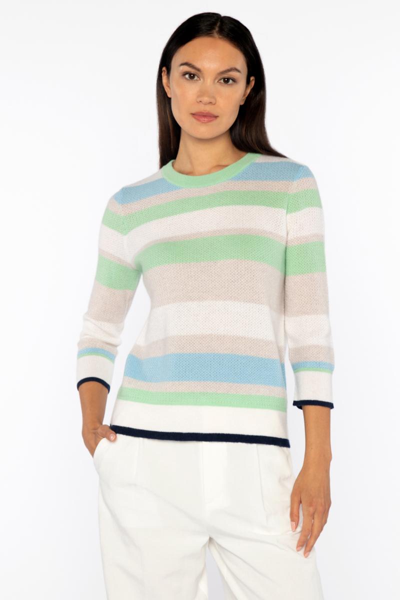 Barbara Katz Kinross Collection 3 Quarter Sleeve Openwork Stripe Crew