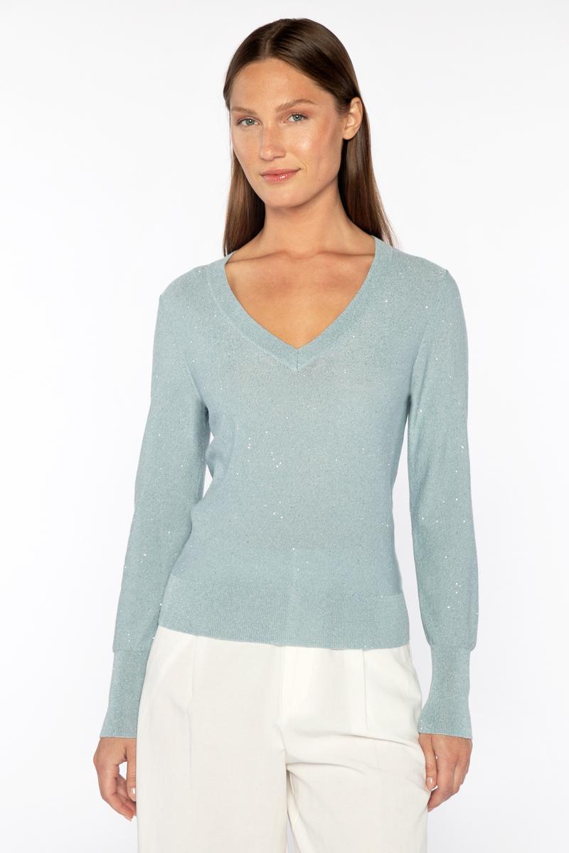 Barbara Katz Kinross Collection Sequin Vee Sweater with subtle detailing and v neckline. 