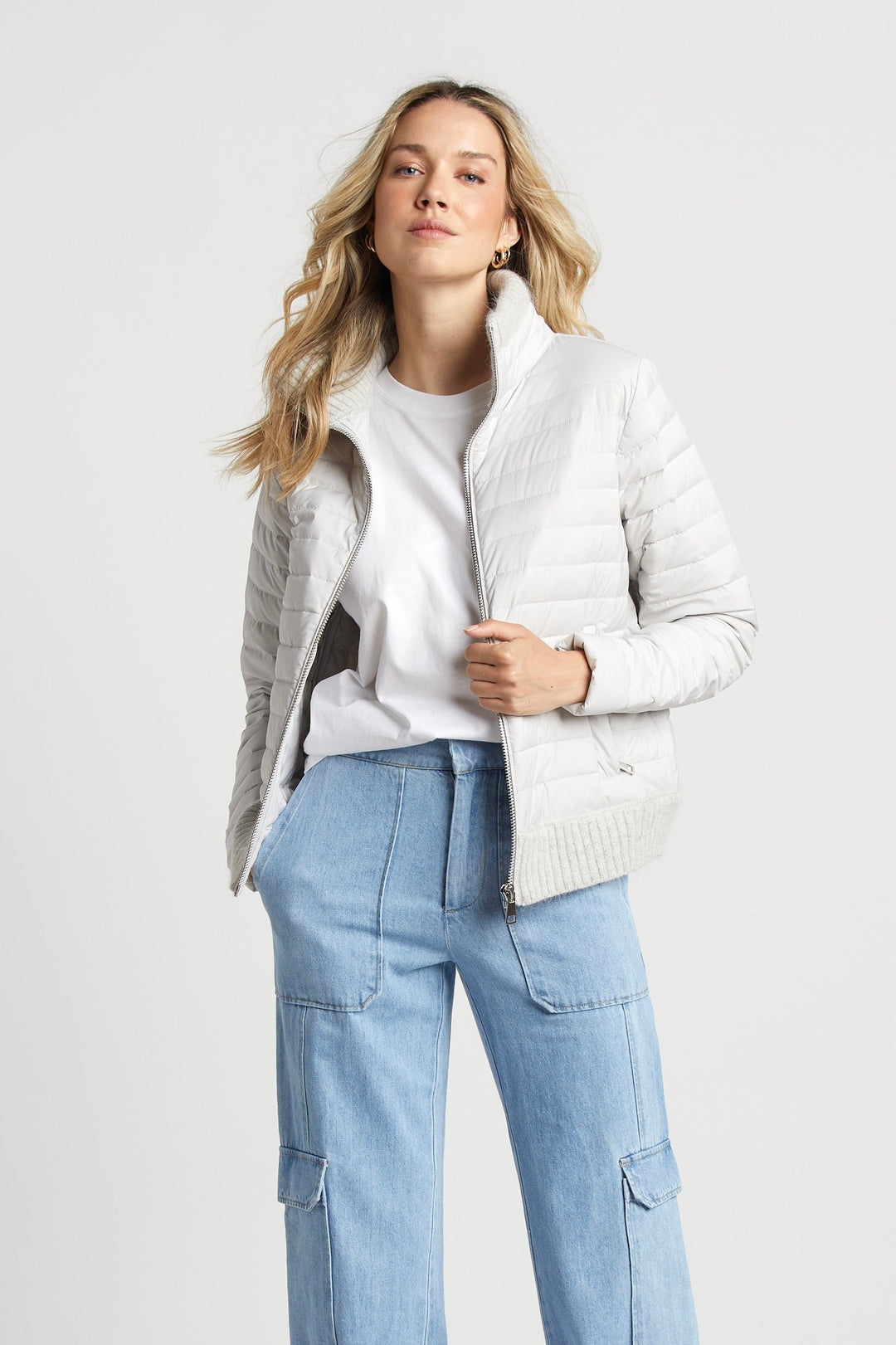 Adroit Atelier Lulu Lightweight Quilted Down Jacket With Knit Trim - Cloud available at Barbara Katz