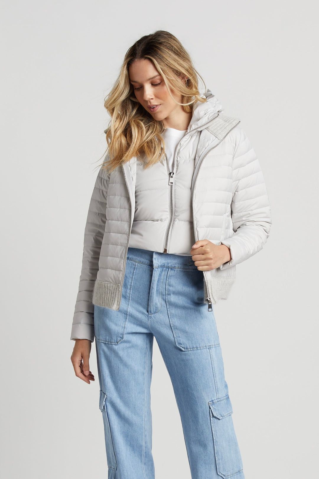 Adroit Atelier Lulu Lightweight Quilted Down Jacket With Knit Trim - Cloud available at Barbara Katz