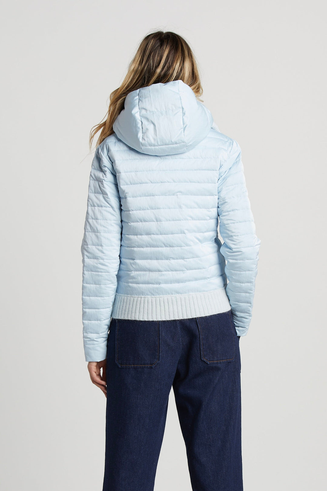 Adroit Atelier Lulu Lightweight Quilted Down Jacket With Knit Trim in Ice Blue available at Barbara Katz