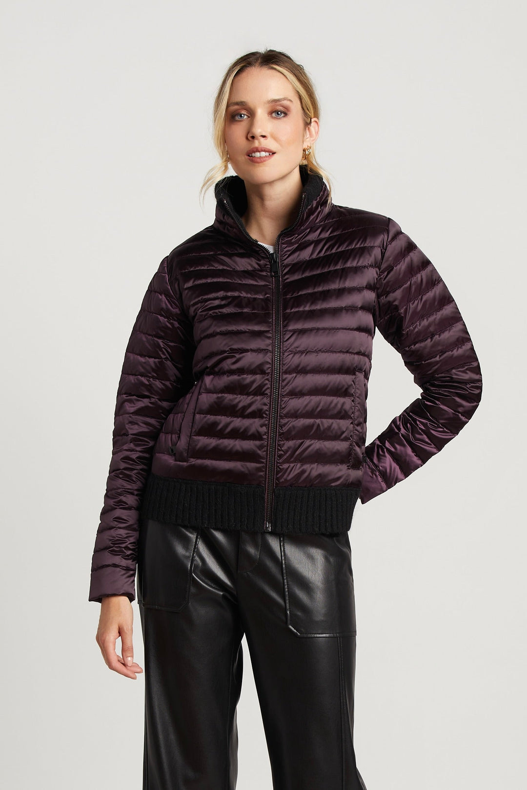 Adroit Atelier Lulu Lightweight Quilted Down Jacket With Knit Trim in Mulberry available at Barbara Katz