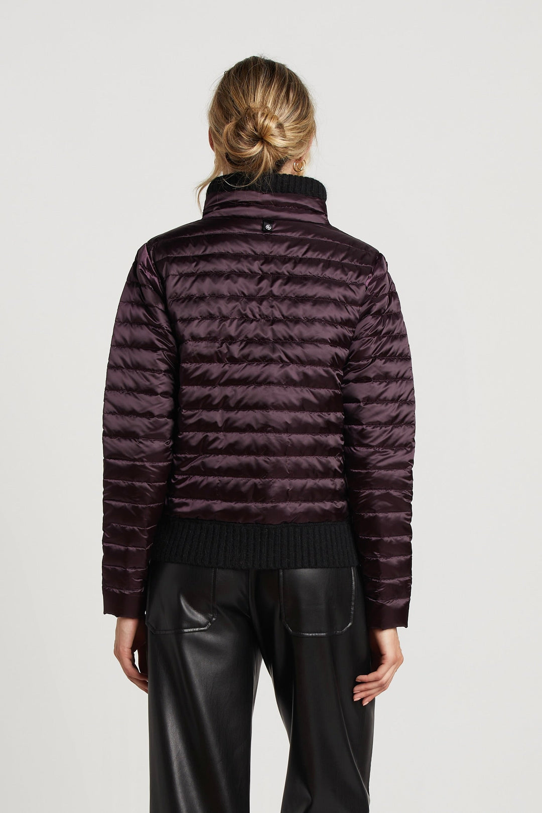 Adroit Atelier Lulu Lightweight Quilted Down Jacket With Knit Trim in Mulberry available at Barbara Katz