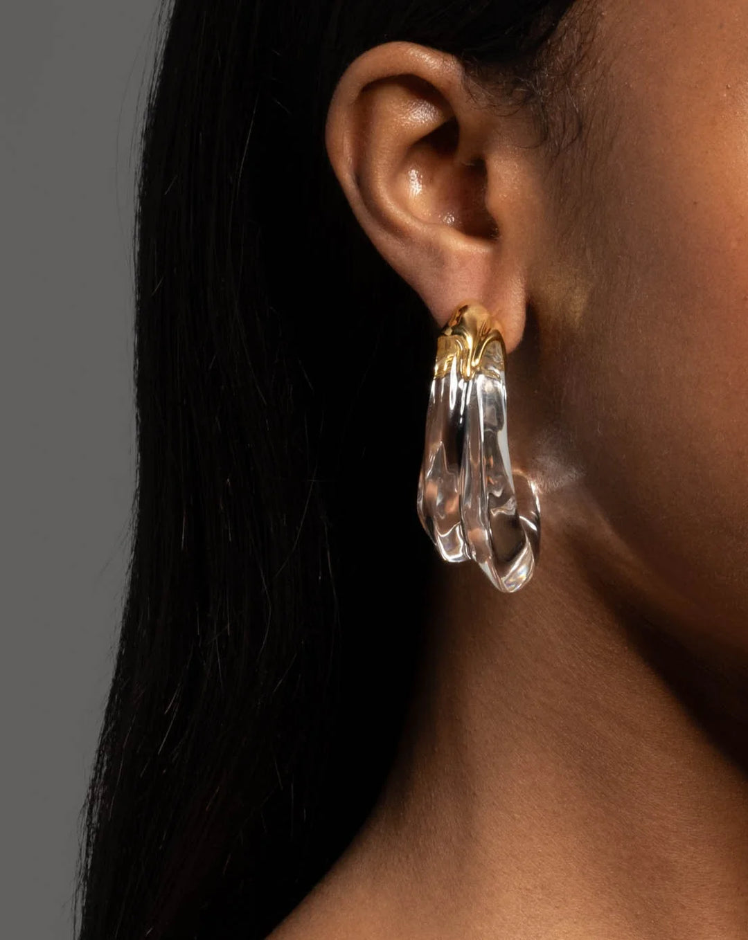 Alexis Bittar Liquid Lucite Large Wave Hoop Earrings in Clear/Gold available at Barbara Katz