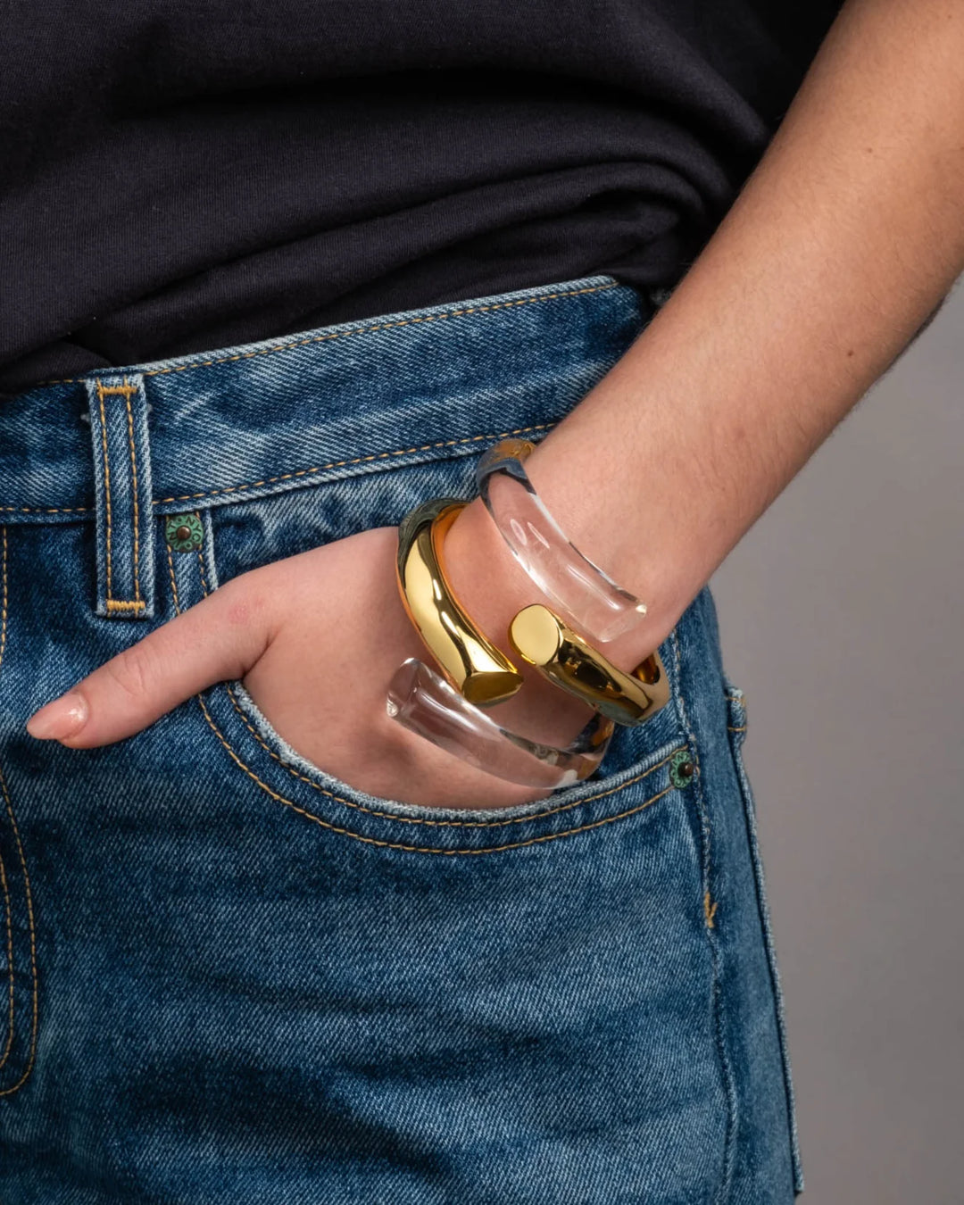 Alexis Bittar Liquid Lucite Bypass Hinge Bracelet in Gold/Clear available at Barbara Katz