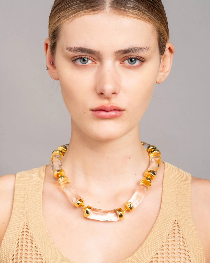 Alexis Bittar Liquid Lucite Pillow Link Necklace in Clear/Gold available at Barbara Katz