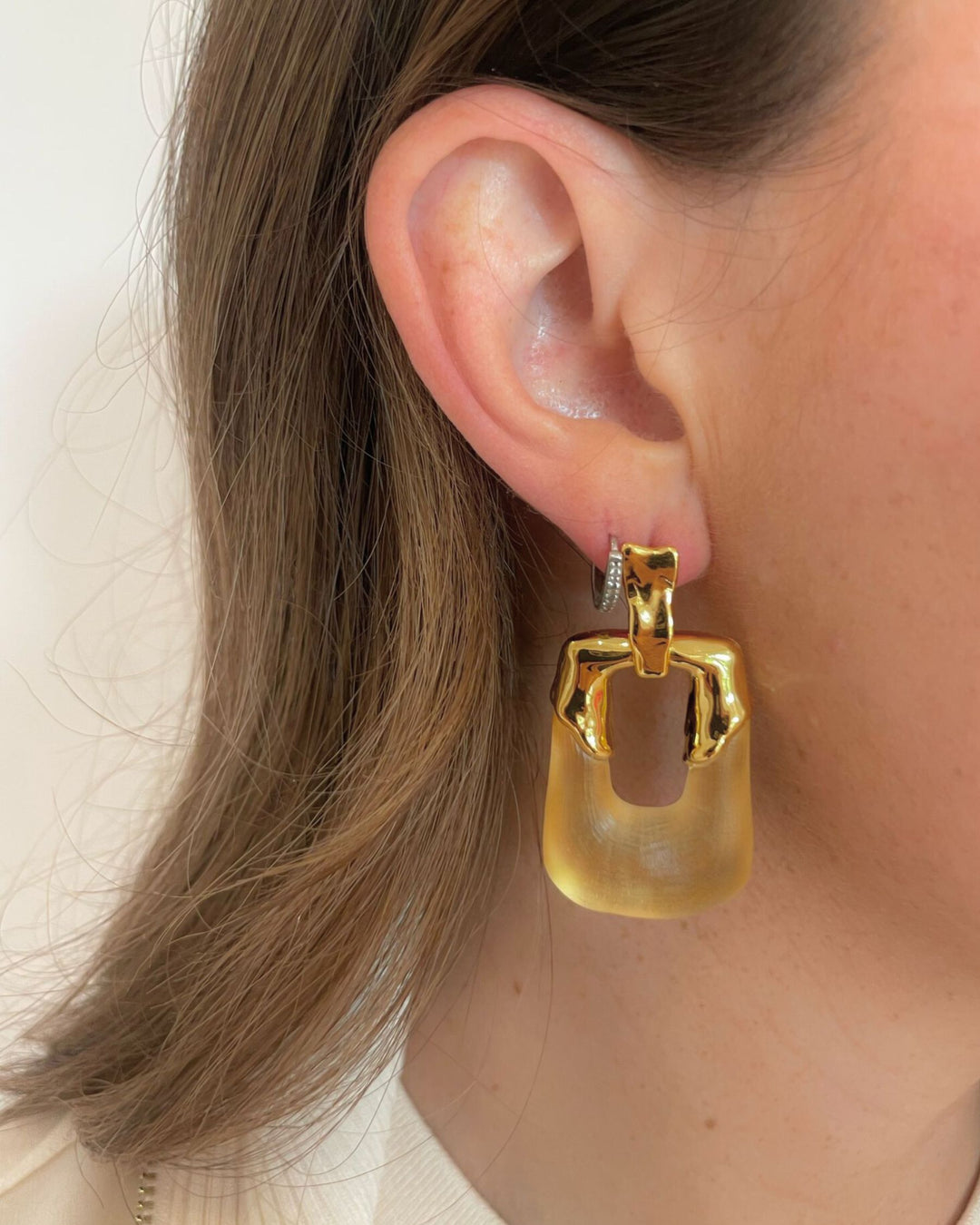 Alexis Bittar Luminous Lucite Rectangular Door Knocker Earrings in Gold available at Barbara Katz