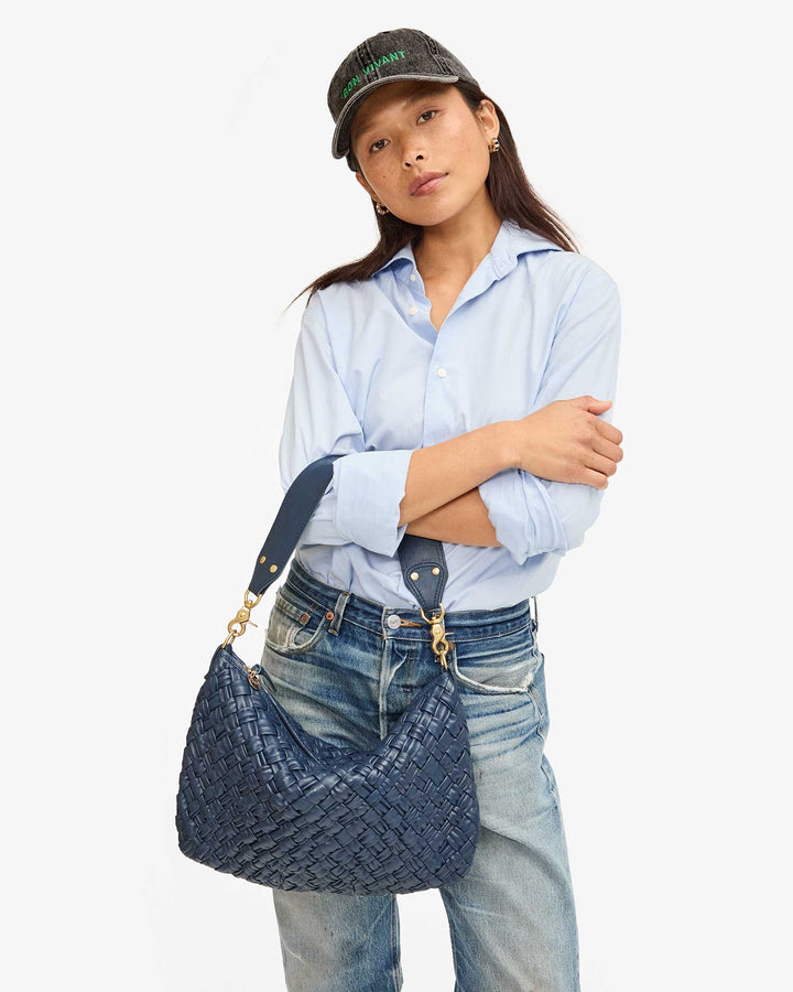 Clare V Moyen Messenger Bag in Bright Navy Puffy Woven available at Barbara Katz