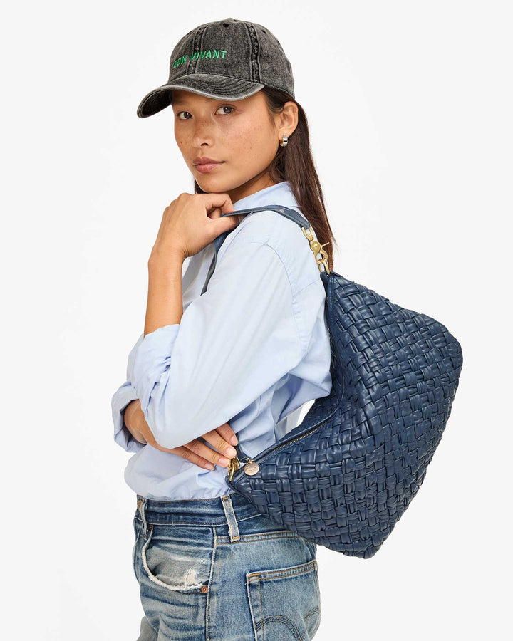 Clare V Moyen Messenger Bag in Navy Puffy Woven available at Barbara Katz