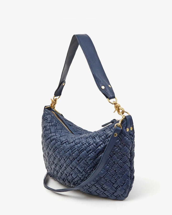 Clare V Moyen Messenger Bag in Bright Navy Puffy Woven available at Barbara Katz