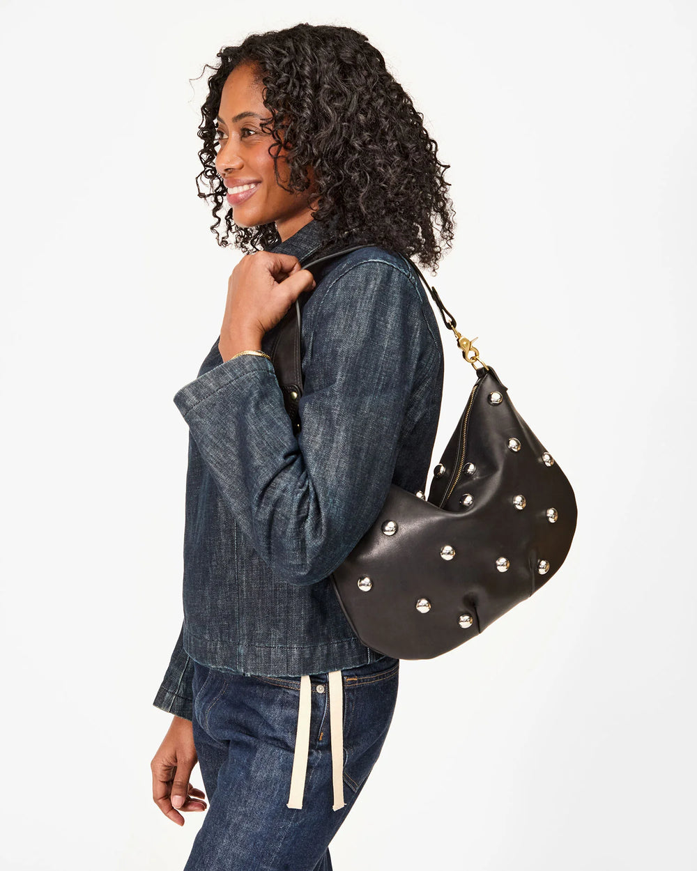 Clare V Moyen Messenger Bag in Black Naturelle with Studs available at Barbara Katz