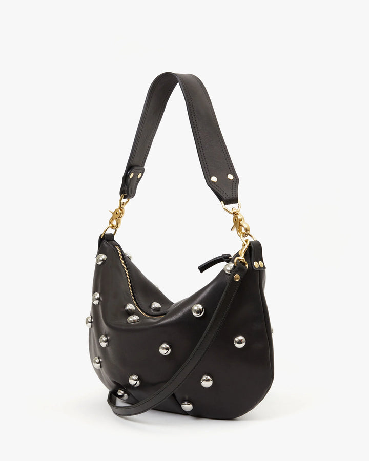 Clare V Moyen Messenger Crossbody Bag in Black Naturelle with Studs available at Barbara Katz