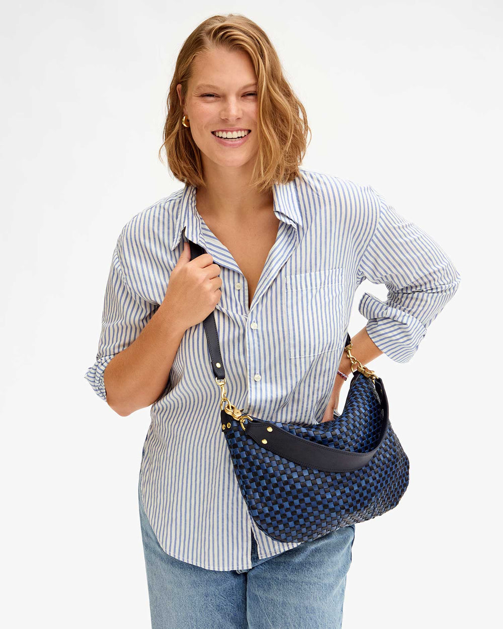 Clare V Moyen Messenger Crossbody Bag - Dark Blue Woven Checker - Barbara Katz