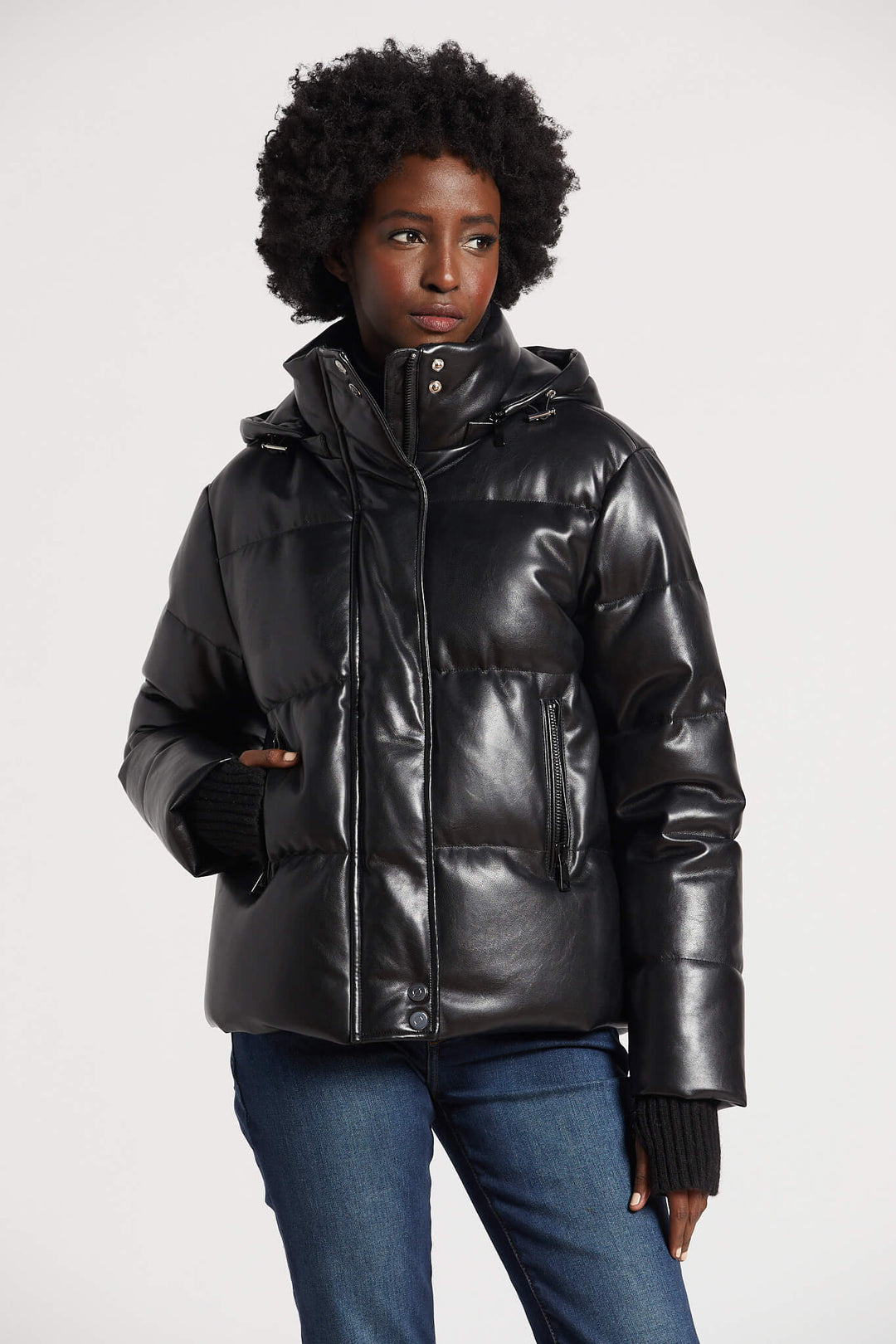 Adroit Atelier Paloma Vegan Leather Down Coat With Detachable Hood & Angora Knit Trim - Black