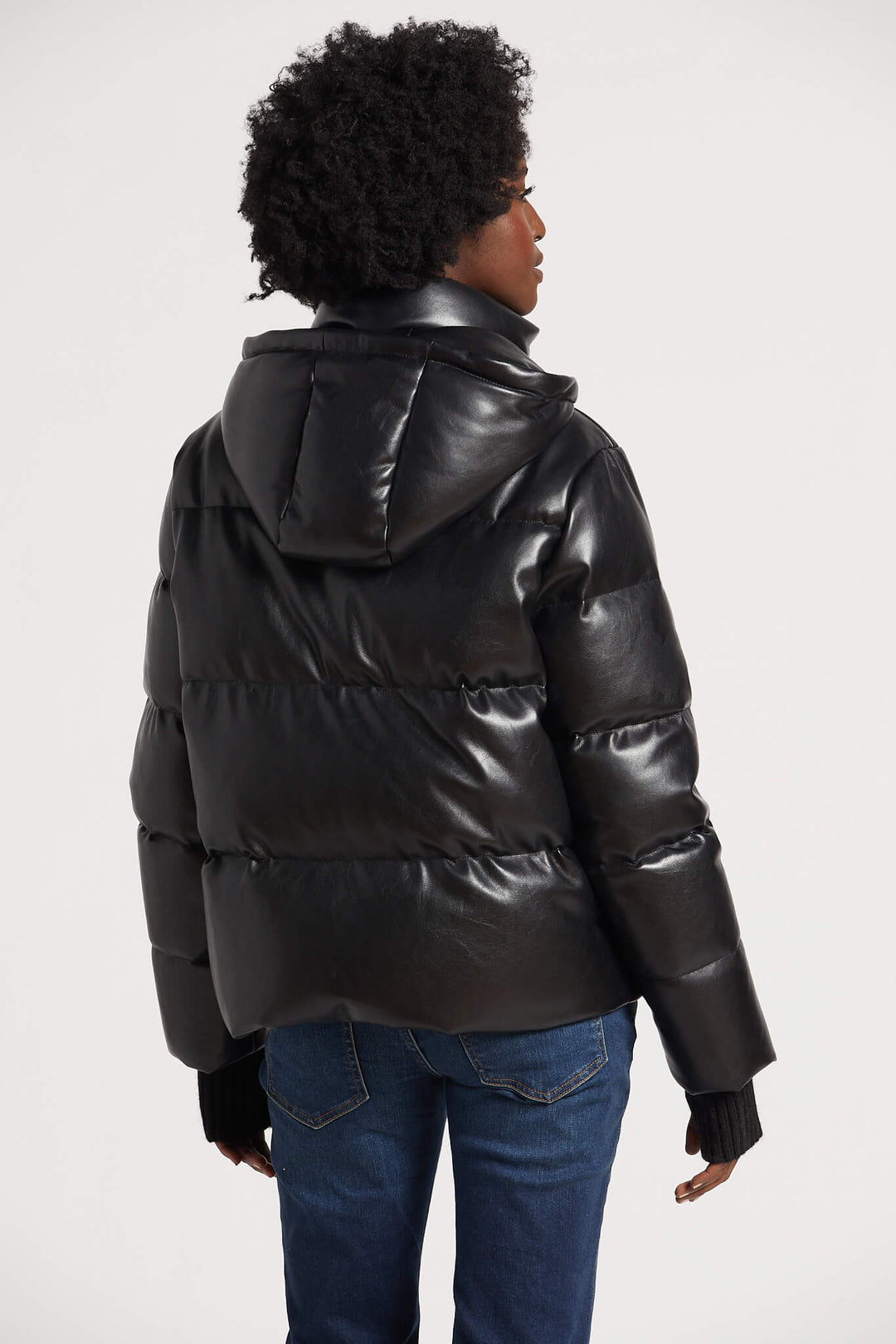 Adroit Atelier Paloma Vegan Leather Down Coat With Detachable Hood & Angora Knit Trim - Black