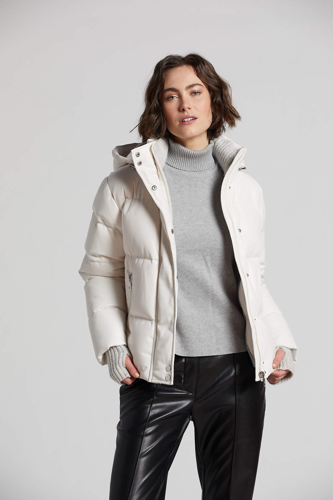 Adroit Atelier Paloma Vegan Leather Down Coat With Detachable Hood & Angora Knit Trim - White