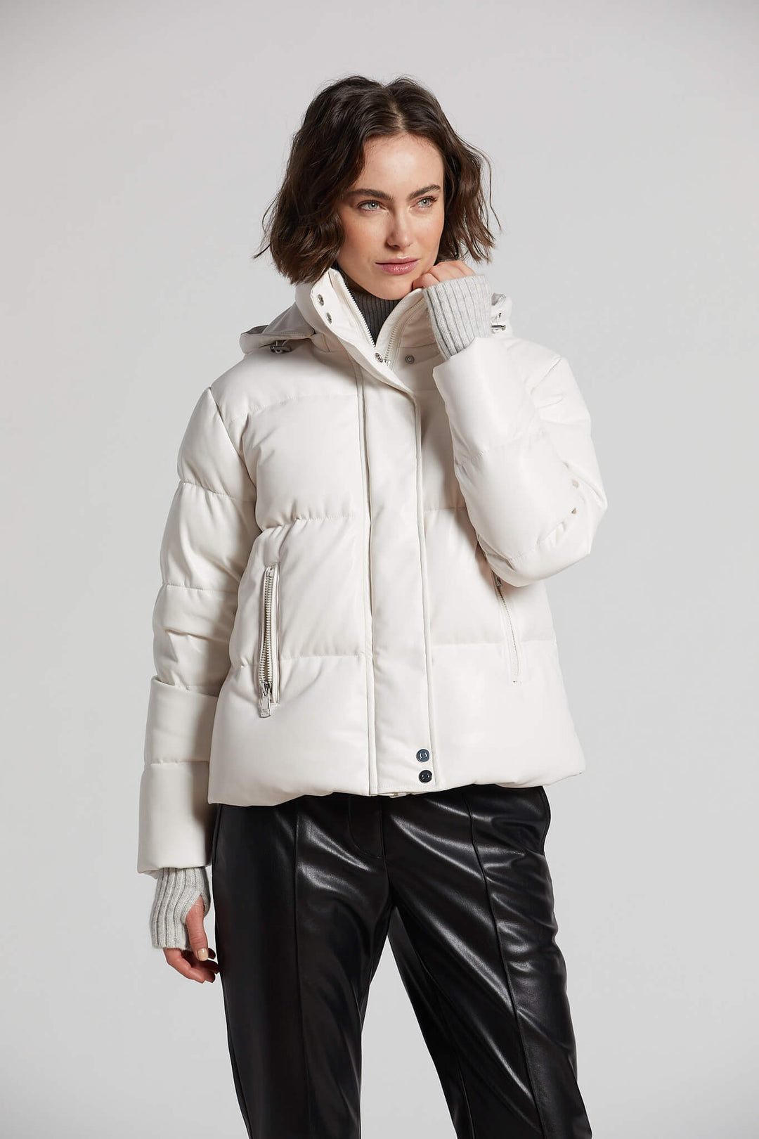 Adroit Atelier Paloma Vegan Leather Down Coat With Detachable Hood & Angora Knit Trim - White