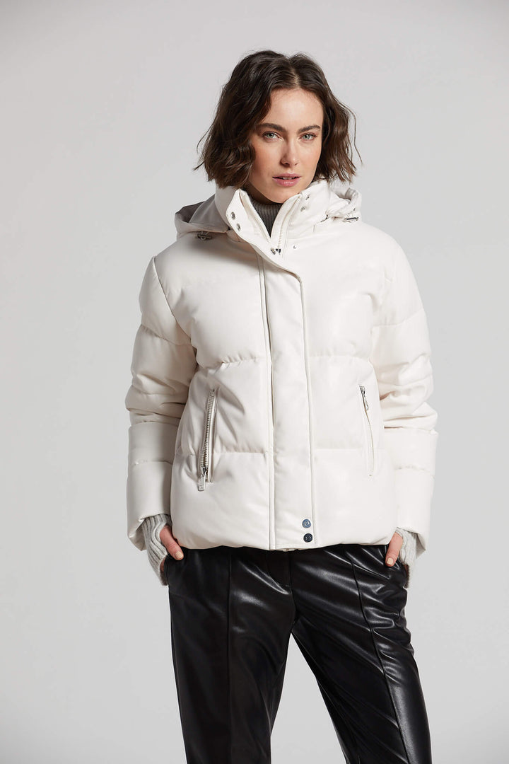 Adroit Atelier Paloma Vegan Leather Down Coat With Detachable Hood & Angora Knit Trim - White