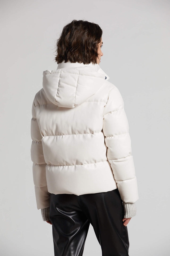 Adroit Atelier Paloma Vegan Leather Down Coat With Detachable Hood & Angora Knit Trim - White