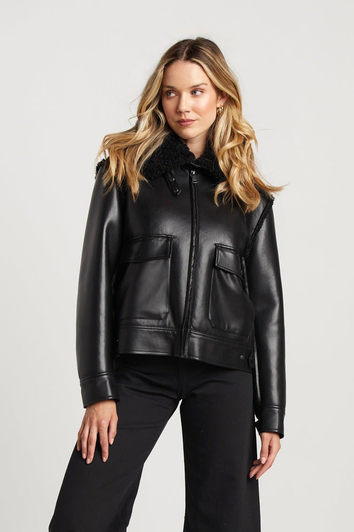 Adroit Atelier Parker Bonded Vegan Leather Aviator Jacket With Collar Snap Closure - Black available at Barbara Katz