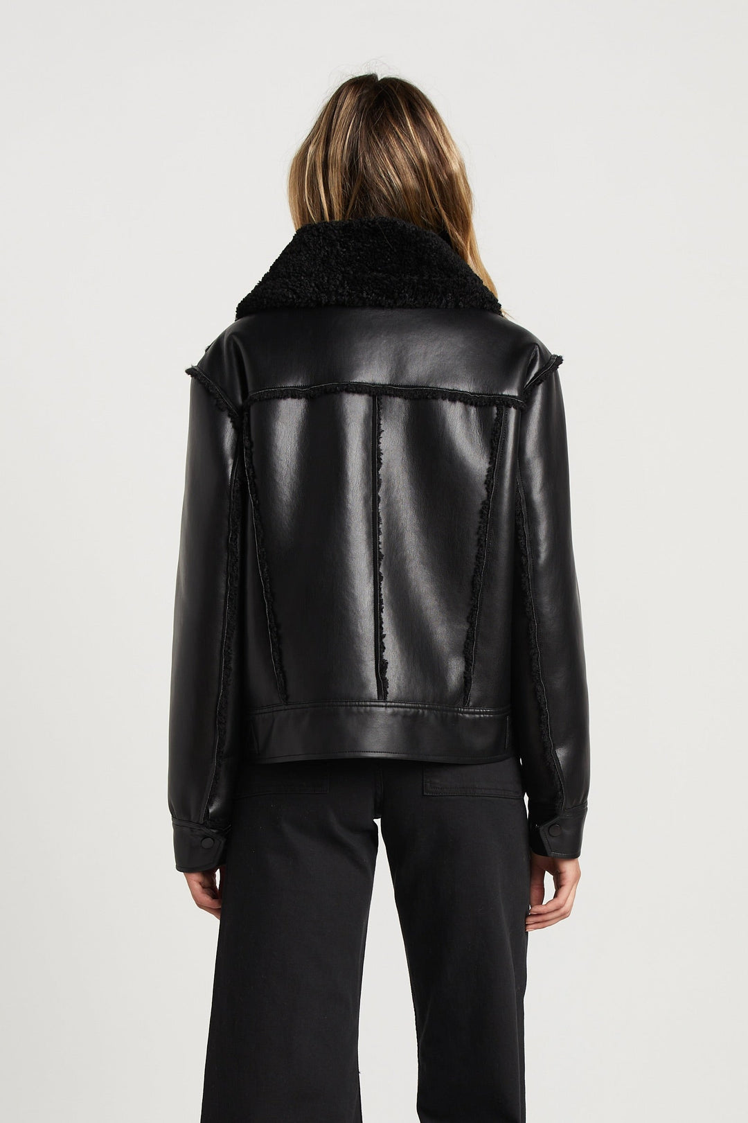 Adroit Atelier Parker Bonded Vegan Leather Aviator Jacket With Collar Snap Closure - Black available at Barbara Katz