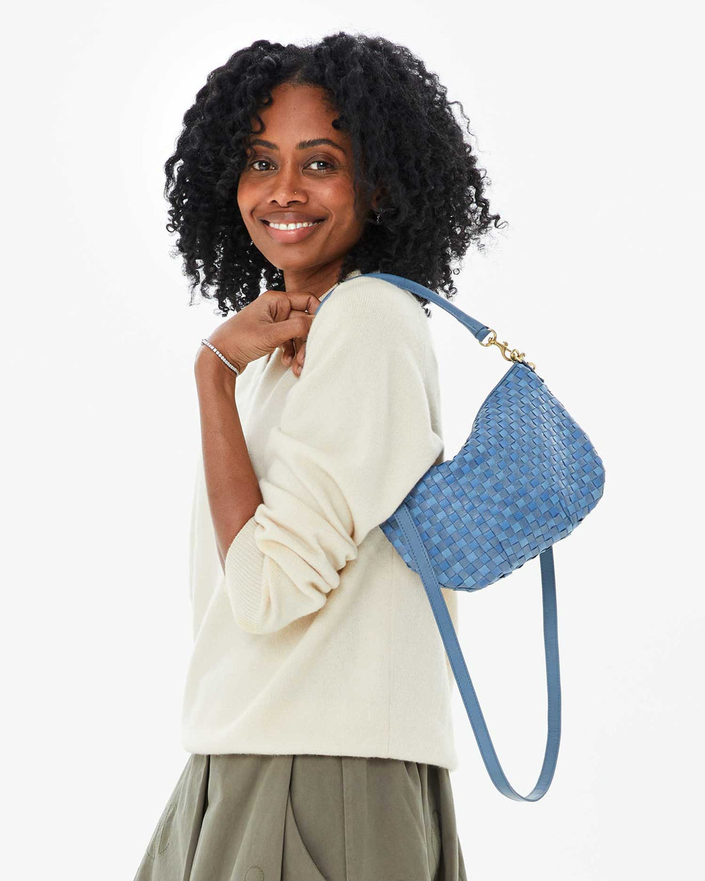 Clare V Petit Moyen Messenger Bag in Light Blue Woven Checker available at Barbara Katz