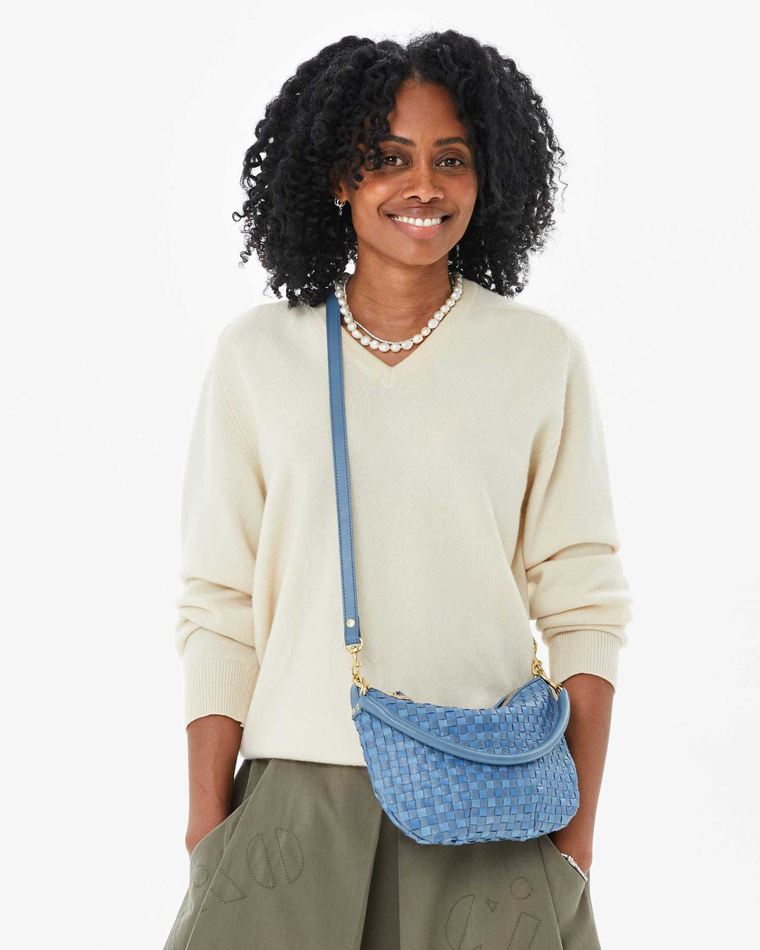 Clare V Petit Moyen Messenger Bag in Light Blue Woven Checker available at Barbara Katz