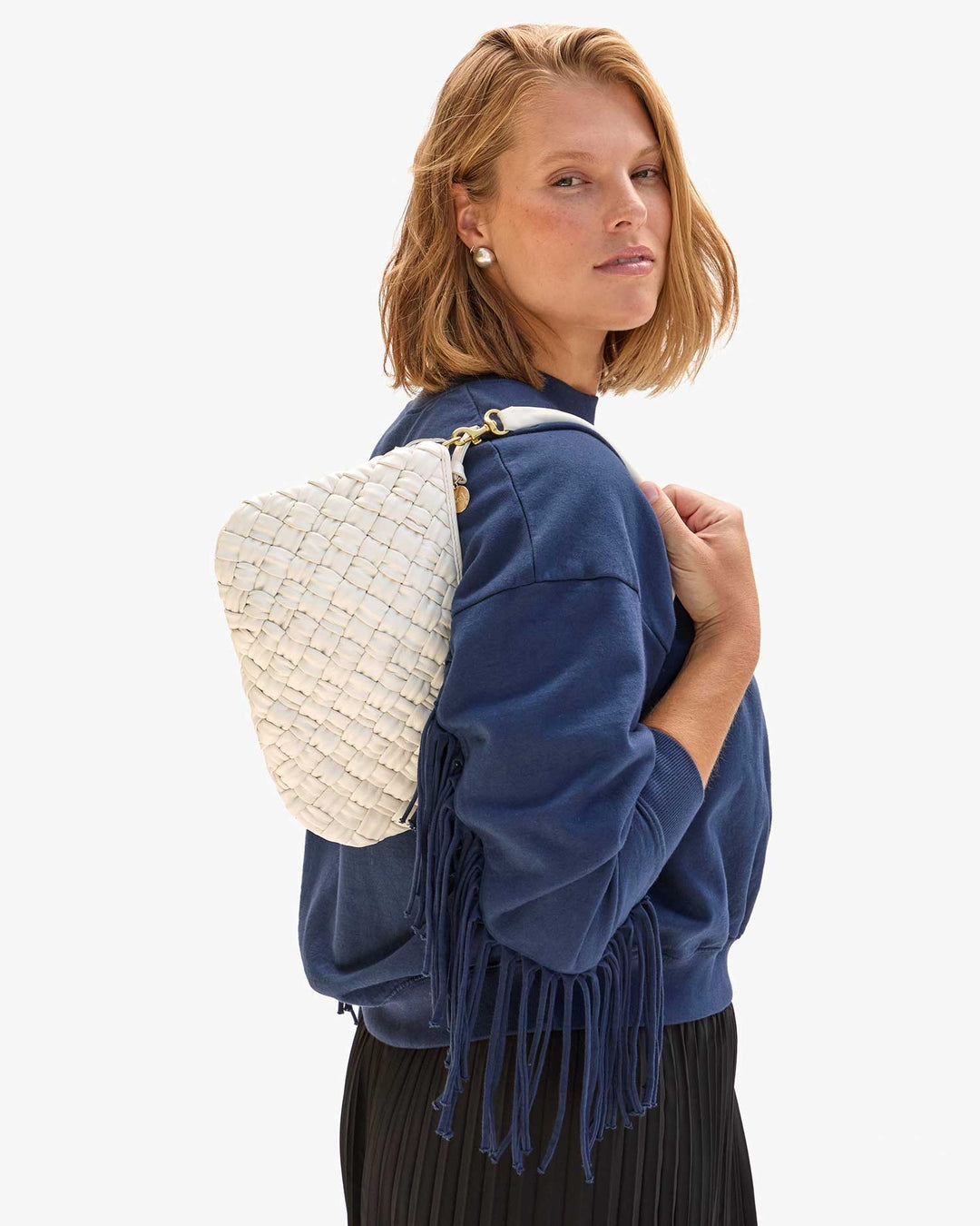 Clare V Petit Moyen Messenger Bag in Cream Puff Woven available at Barbara Katz