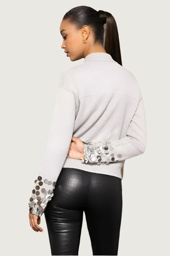 Lisa Todd The Shimmy Sweater in Silver available at Barbara Katz