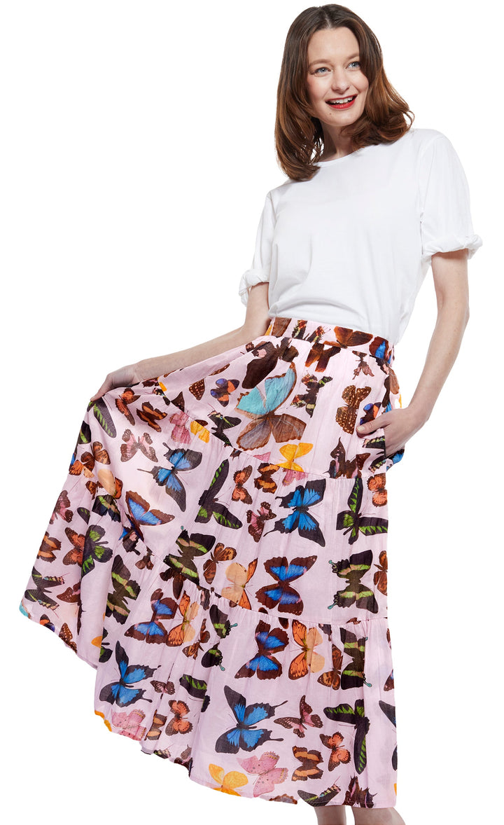 Dizzy-Lizzie Woodstock Midi Skirt - Pink With Butterflies available at Barbara Katz