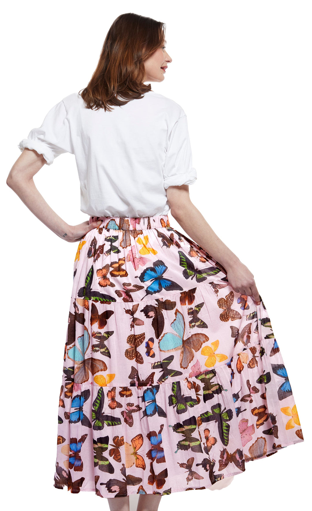 Dizzy-Lizzie Woodstock Midi Skirt - Pink With Butterflies available at Barbara Katz