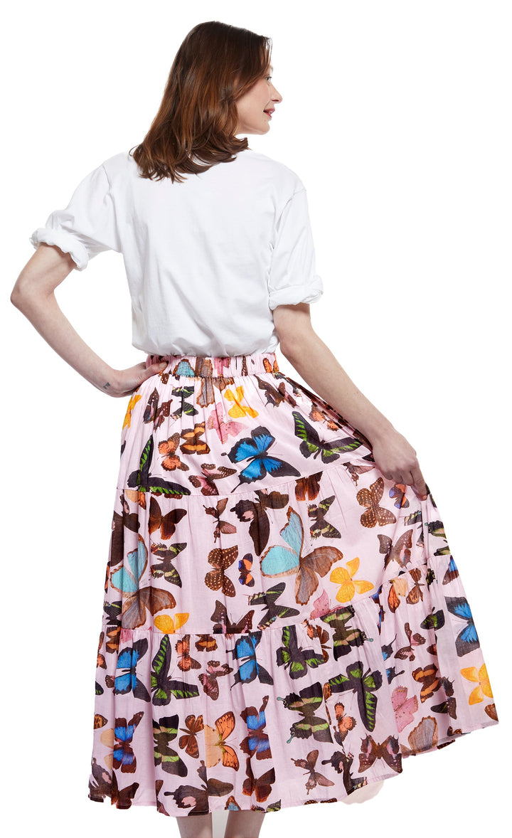 Dizzy-Lizzie Woodstock Midi Skirt - Pink With Butterflies available at Barbara Katz