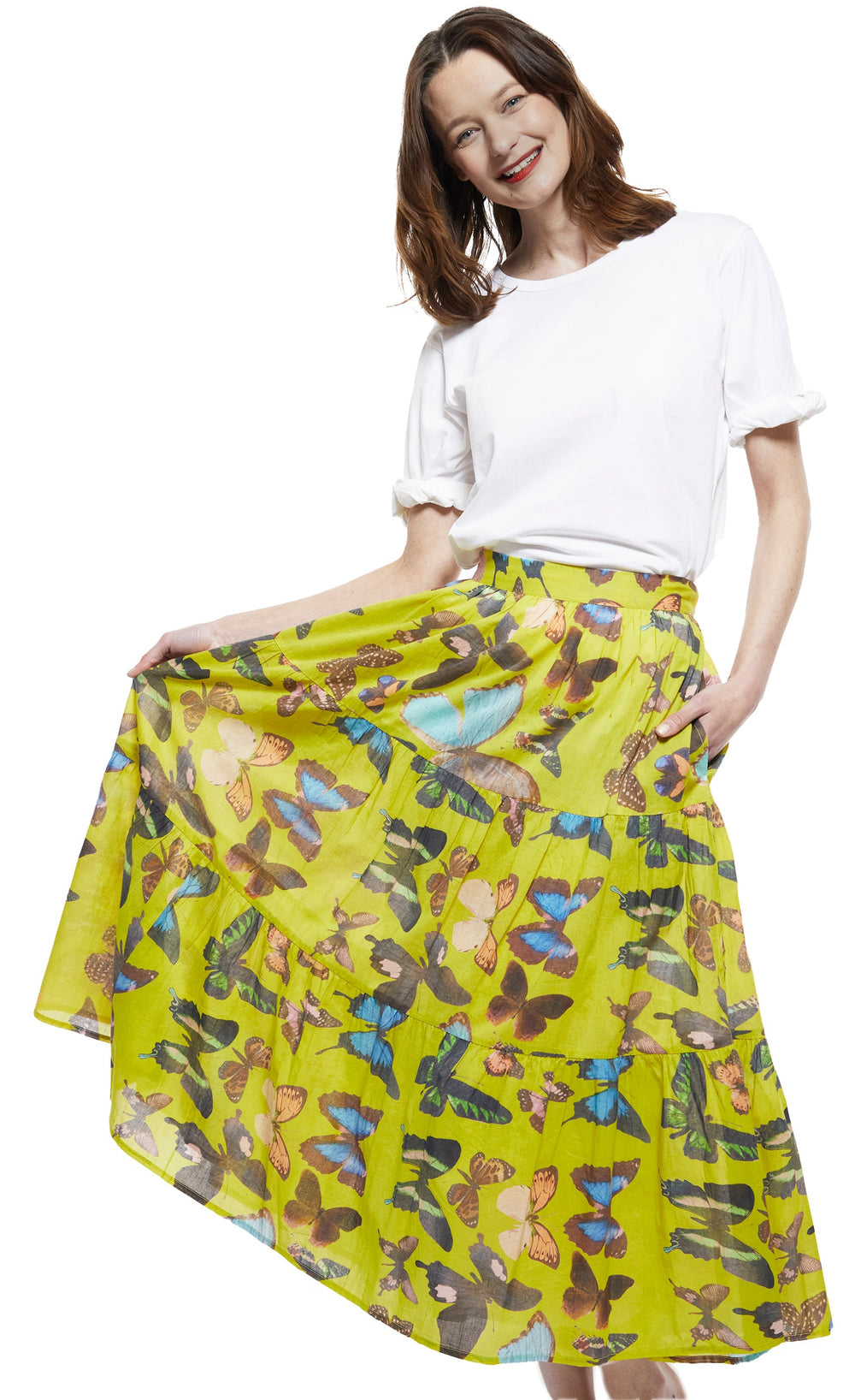 Dizzy-Lizzie Woodstock Midi Skirt - Chartreuse With Butterflies available at Barbara Katz