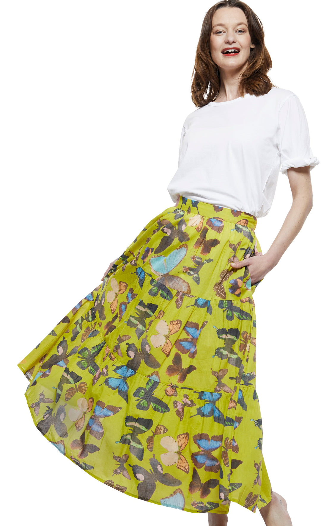 Dizzy-Lizzie Woodstock Midi Skirt - Chartreuse With Butterflies available at Barbara Katz