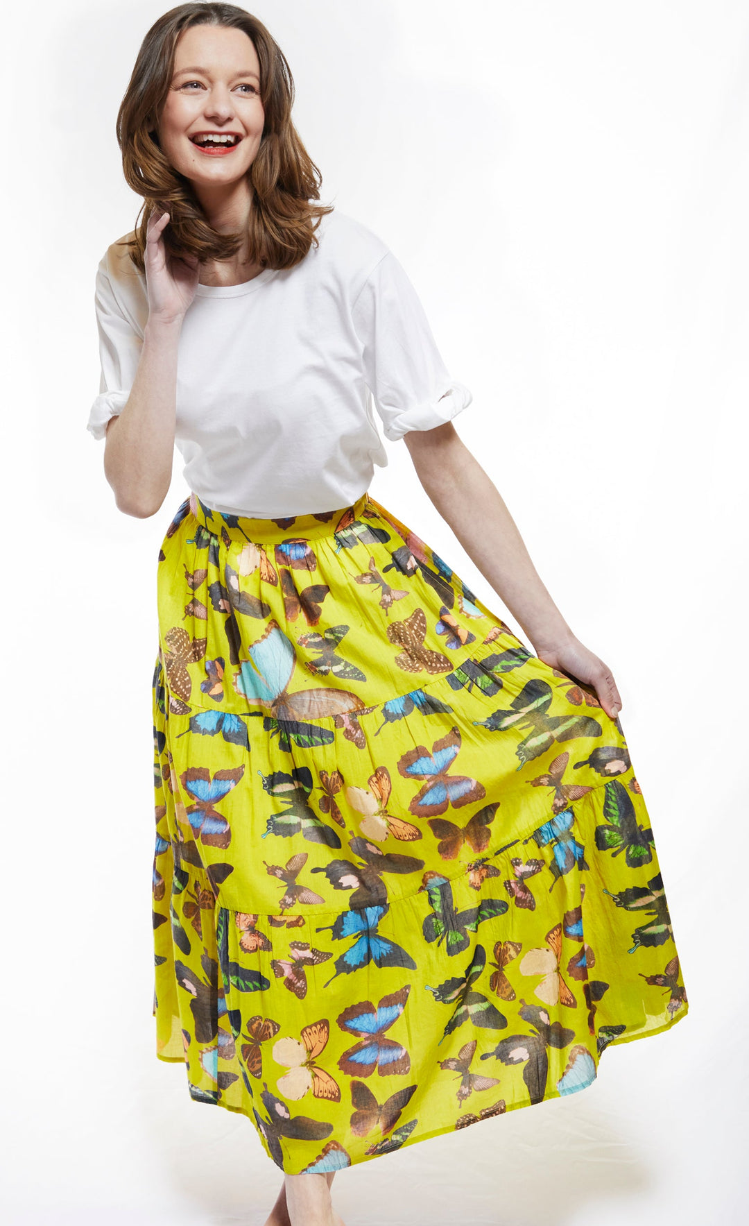 Dizzy-Lizzie Woodstock Midi Skirt - Chartreuse With Butterflies available at Barbara Katz