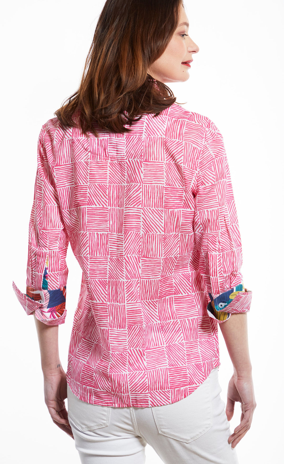 Dizzy-Lizzie Rome 3/4 Sleeve Shirt - Fuschia with White Criss Cross Print available at Barbara Katz