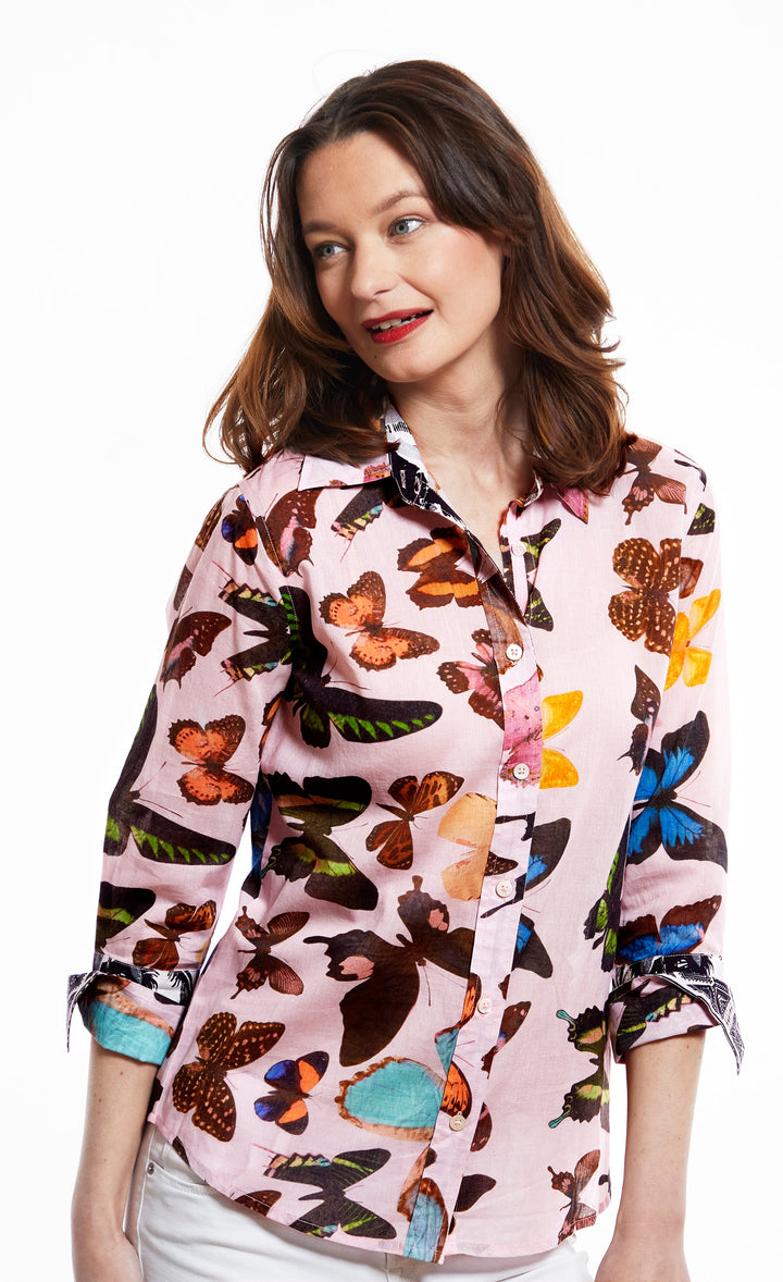 Dizzy-Lizzie Rome 3/4 Sleeve Shirt - Pink Butterflies available at Barbara Katz