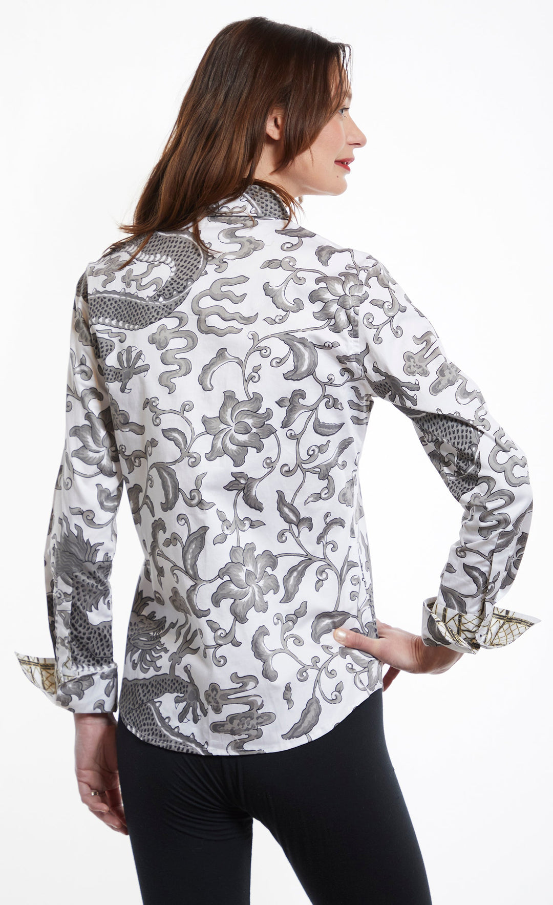 Dizzy-Lizzie Rome Long Sleeve Shirt - Grey Dragon Print available at Barbara Katz