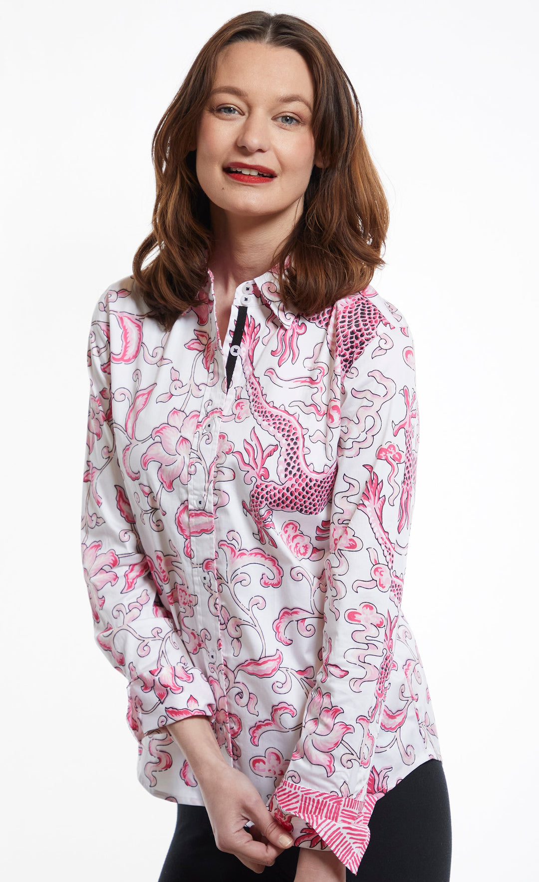 Dizzy-Lizzie Rome Long Sleeve Shirt - Pink Dragon Print available at Barbara Katz