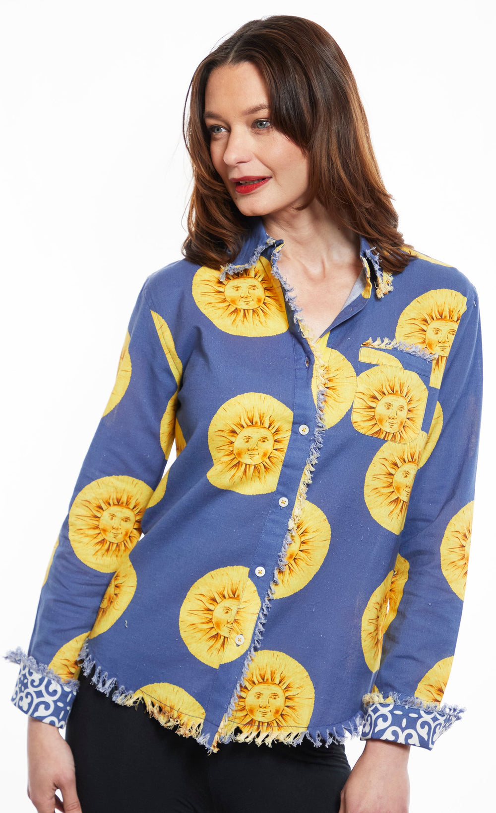 Dizzy-Lizzie Cape Cod Frayed Shirt - Blue Sunface available at Barbara Katz