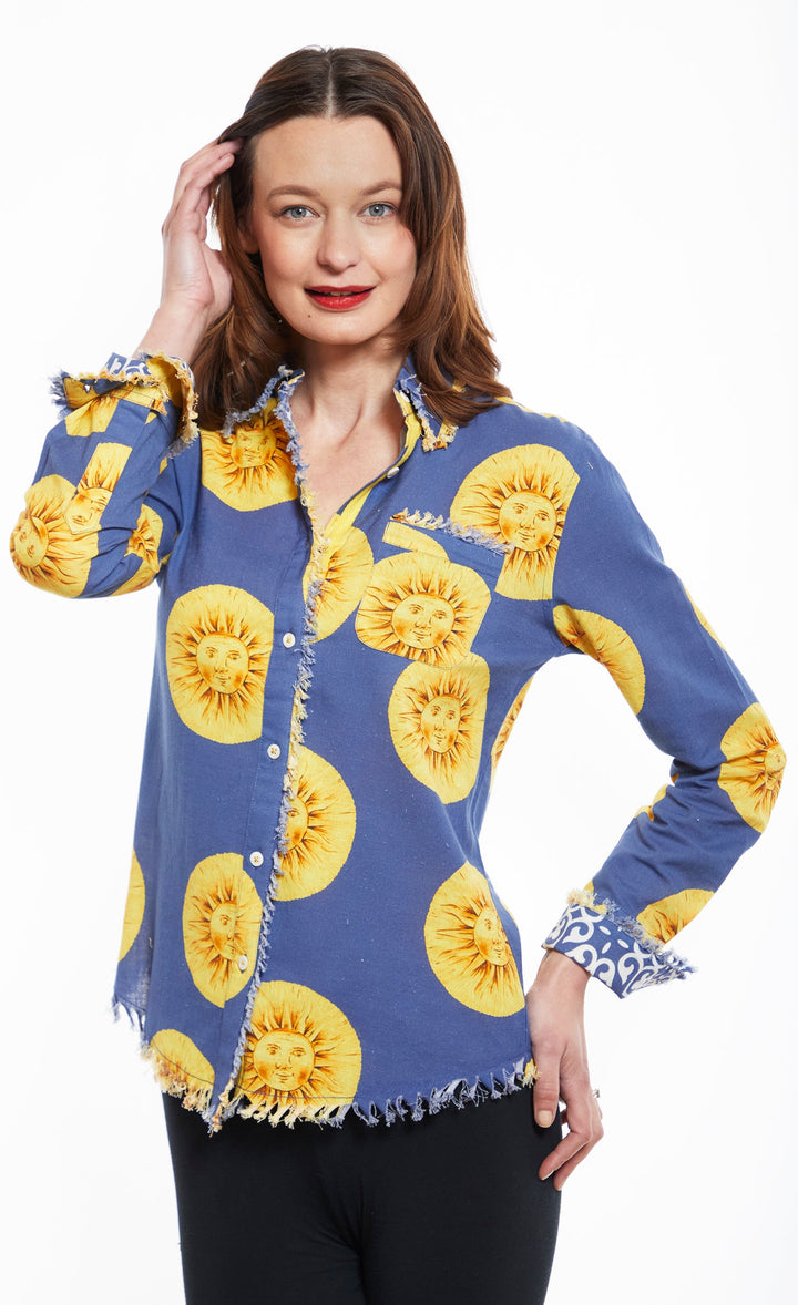 Dizzy-Lizzie Cape Cod Frayed Shirt - Blue Sunface available at Barbara Katz