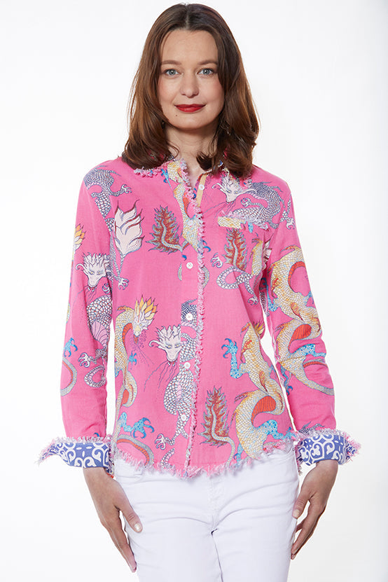 Dizzy-Lizzie Cape Cod Frayed Shirt - Pink with Dragons available at Barbara Katz