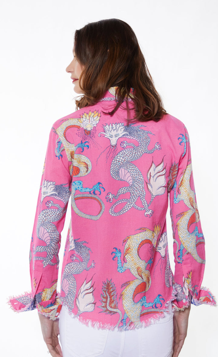 Dizzy-Lizzie Cape Cod Frayed Shirt - Pink with Dragons available at Barbara Katz